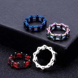 Mens stainless steel bicycle chain rings in blue, rainbow, red and silver colors