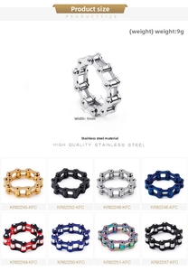 Detailed size guide of 9mm stainless steel chain rings in eight distinct color finishes