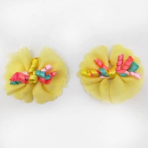 Set of two yellow lace flower dog hair bows with colorful curly ribbons for pets