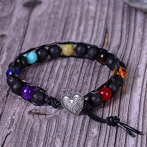 Lava rock and chakra stone beaded leather wrap bracelet with silver heart clasp
