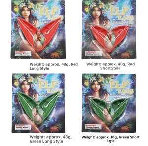 Detail of latex elf ears in red and green colors showing long and short sizes