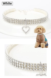Detail of three-row crystal pet collar with sparkling heart pendant for cats and small dogs