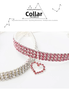 Detail of rhinestone pet collar featuring double-row crystal design and heart-shaped pendant