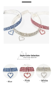 Detailed view of elastic pet chokers in blue, pink, and white with heart rhinestones