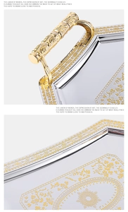 Close-up of golden embossed floral patterns and ornate handles on metal tray