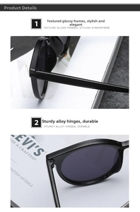 Detail of glossy black sunglasses with reinforced metal hinges and round resin frames