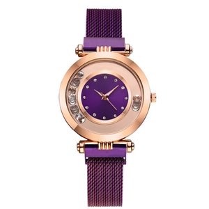 Women's quartz watch with purple Milanese mesh band and floating crystal dial design
