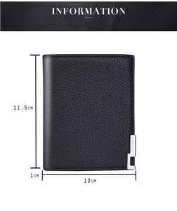 Detailed size chart of men's bifold wallet in litchi grain leather showing dimensions