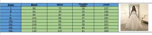 Detailed size chart for lace sleeveless wedding dress including bust and waist measurements