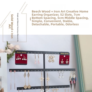 Three-layer iron earring organizer with beech wood base featuring 52 hanging holes