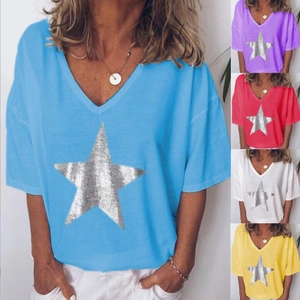 Dames Casual V-Hals Korte Mouw T-Shirt Met Zilveren Ster Sprankelende Borduurwerk Patroon Losse Elegante Zomer Top Voor Vrouwen