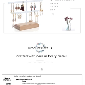 Detail view of white metal earring organizer with a solid beech wood rectangular base