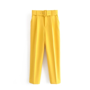 Pantalón amarillo de corte recto para mujer con cinturón ajustable y talle alto