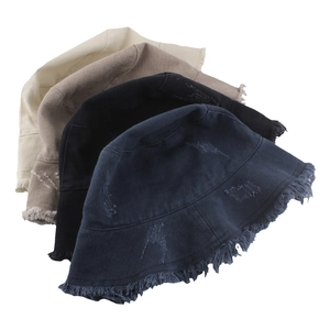 Set of four frayed cotton bucket hats in beige, khaki, black and navy blue denim