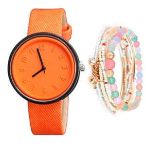Detail of square quartz watch with orange dial and colorful beaded layered bracelets