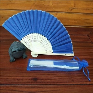 Detailed close-up of blue folding fan with white carved ribs and matching mesh storage bag