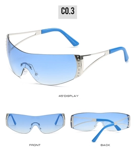 Detailed side view of Y2K rimless sunglasses with blue gradient lenses and hollow silver temples