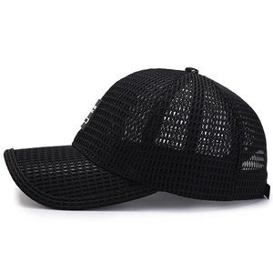 Men's black full mesh baseball cap with curved brim and breathable sun protection material