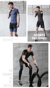 Three-in-one collage showing compression tee and shorts during intense gym training