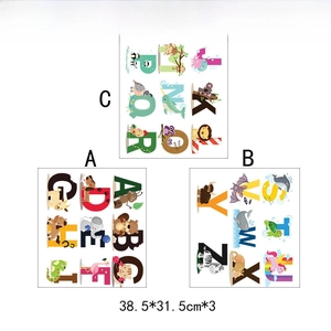 Detailed size chart for children's alphabet and animal wall stickers with 3 sheets