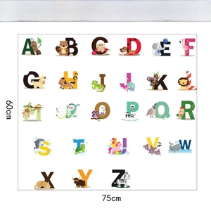 Detail view of 26 alphabet wall stickers with cartoon animals and 75x60cm dimensions