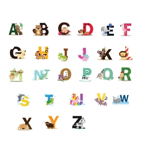 Detail of 26 alphabet wall stickers featuring colorful cartoon animal illustrations