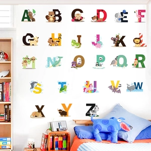 Cartoon animal alphabet wall decals featuring letters A-Z for kids room decor