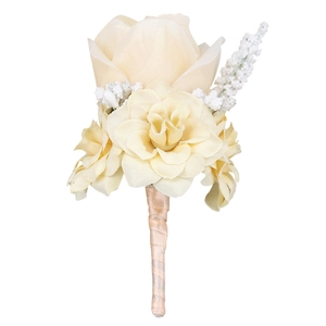 Elegant cream artificial rose boutonniere for wedding with satin ribbon and floral accents