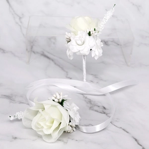 Artificial Rose Boutonniere And Wrist Corsage Satin Flower Ribbon Wedding Groom Bridesmaid Party Hand Flower Decor