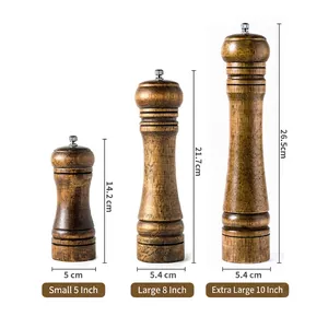 Three-piece oak wood manual pepper grinder set with adjustable metal knob in vintage style