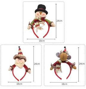 Detailed size view of Christmas headbands with snowman, Santa, and reindeer designs