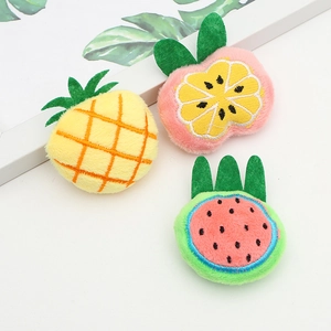 Detail of plush cartoon pineapple and watermelon slices with embroidery on white background