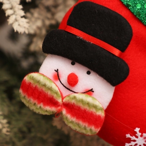 Detail of Christmas stocking featuring a felt snowman with black top hat and red bow
