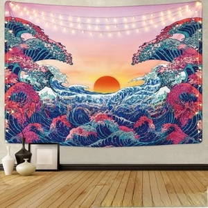 Detail of Christmas tree tapestry featuring Great Wave art with LED string lights decor