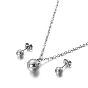 Polished stainless steel jewelry set featuring spherical pendant necklace and stud earrings