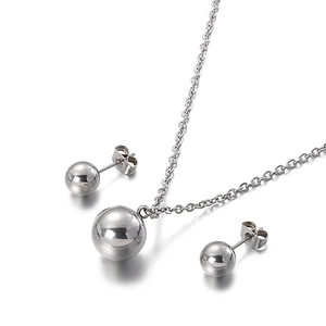 Elegant silver stainless steel jewelry set featuring spherical pendant necklace and stud earrings