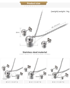 Detailed size chart for stainless steel ball pendant necklace and stud earrings set