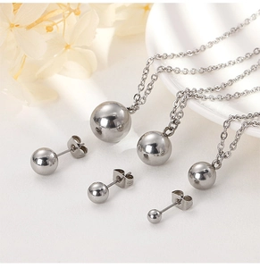 Detailed set of silver stainless steel spherical pendant necklaces and matching stud earrings