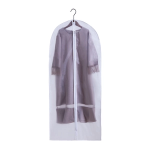 Hanging semi-transparent garment dust cover with zipper closure and white trim detail