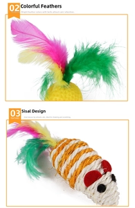 Vue détaillée de jouets pour chats avec plumes colorées et souris en sisal pour les griffes
