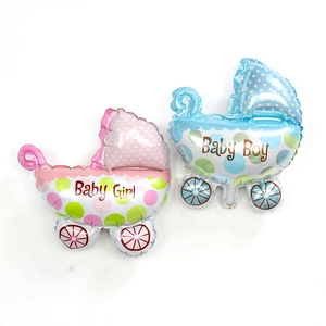Blue and pink baby stroller foil balloons with Baby Boy and Baby Girl print