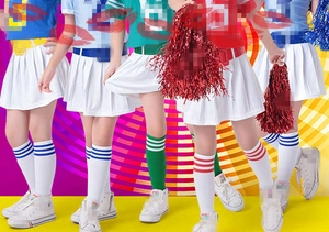 Three cheerleading uniform sets in blue, green, and red shown on multiple models