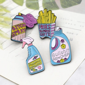 Creative enamel pin set with detergent bottles and fries, featuring colorful pop art designs