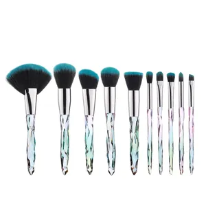 10-piece crystal makeup brush set with diamond handles and blue gradient bristles