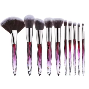10-piece makeup brush set with pink crystal diamond handles and soft synthetic bristles