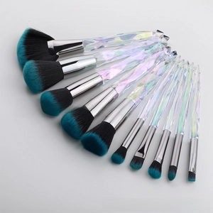 Detail of 10-piece makeup brush set with crystal handles and gradient blue-black bristles