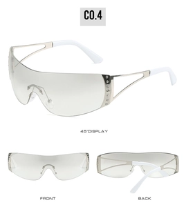 Macro view of Y2K rimless sunglasses with rhinestone stars and silver metal temples