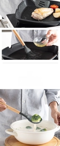Detail showing heat-resistant grey silicone utensils with wooden handles in cooking scenes