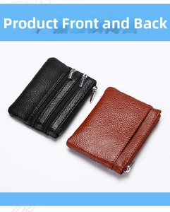 Detailed view of genuine leather coin purses with multi-layer zippers and lychee texture