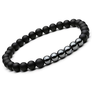 Bracelet en perles d'agate noir mat avec accents d'hématite et cordon élastique